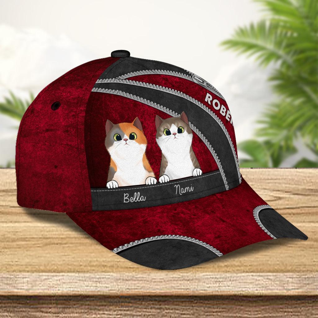 Cat Red Black Zippers Personalized Cap, Personalized Gift for Cat Lovers, Cat Mom, Cat Dad Trucker Hats Custom Hats Gifts For Men & Women