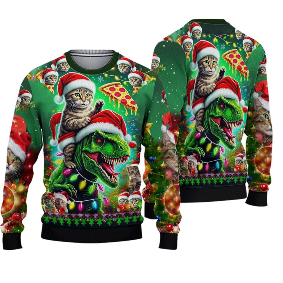 Cat Riding Dinosaur Funny Christmas Ugly Sweater