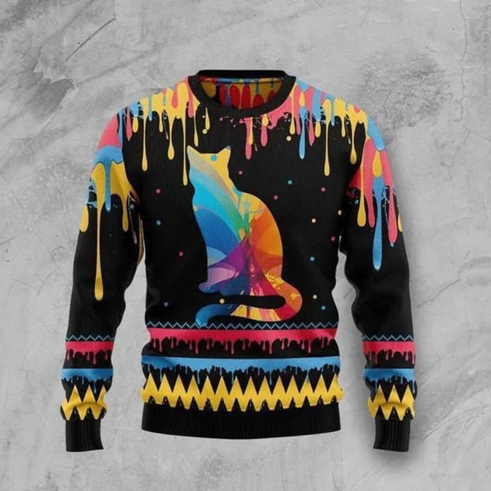 Cat Ripping Colorful Ugly Christmas Sweater, Fun Design