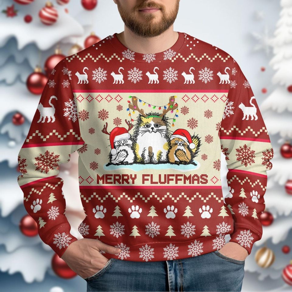 Cat Santa Ugly Christmas Sweater, Cat Reindeer Bow Xmas Ugly Sweatshirt, Winter Gifts - Image 3