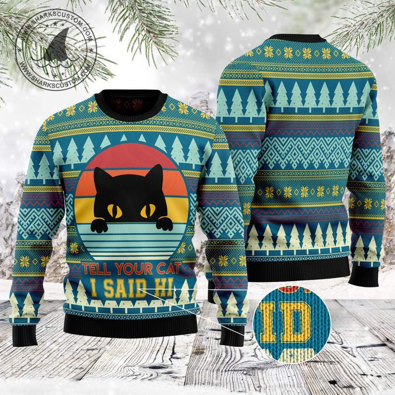 Cat Say Hi Ugly Christmas Sweater Adult 3D Funny Matching for family