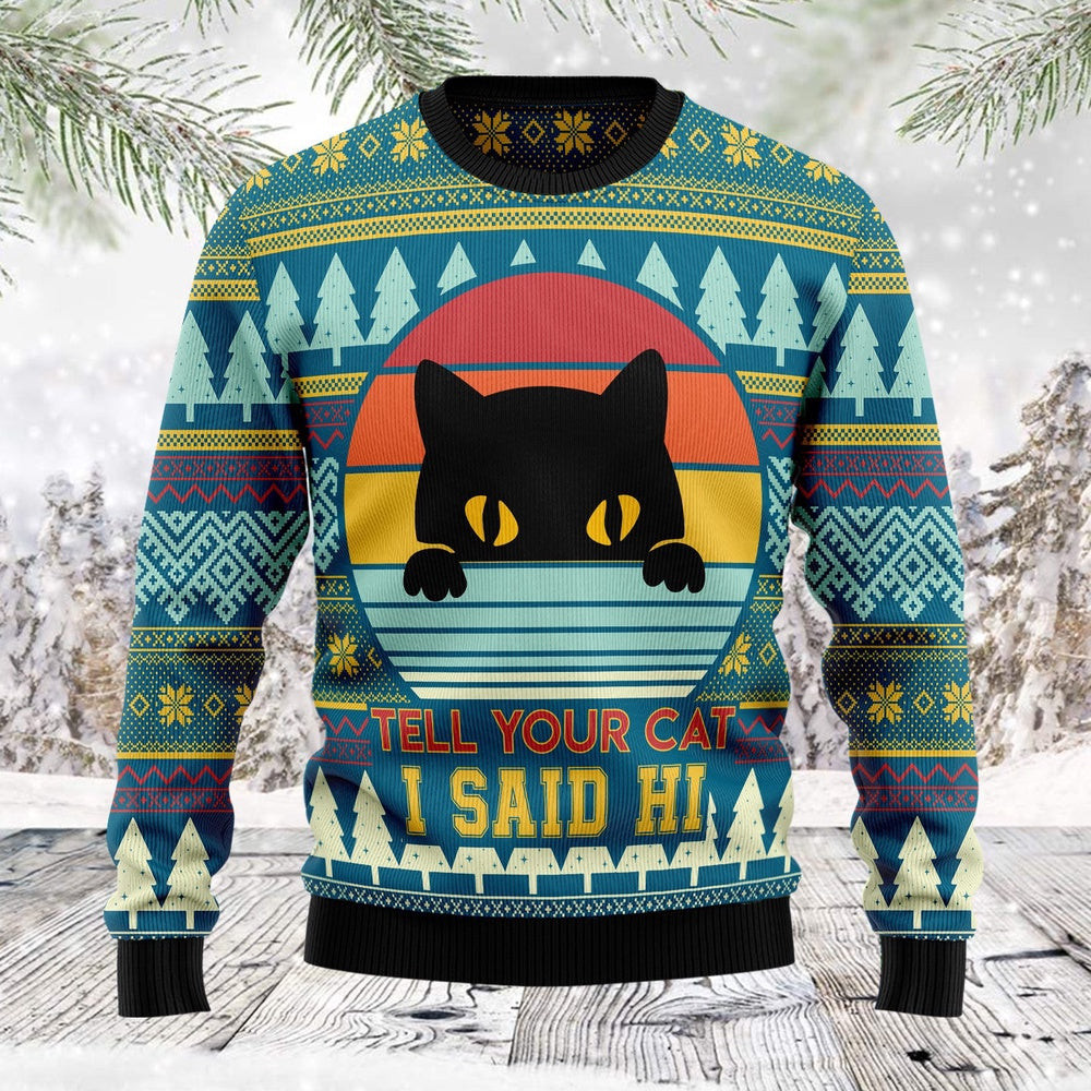 Cat Say Hi Unisex Womens Mens Couples Matching Friends Cat Lover Cat Mom Funny Family Ugly Christmas Holiday Sweater Gifts