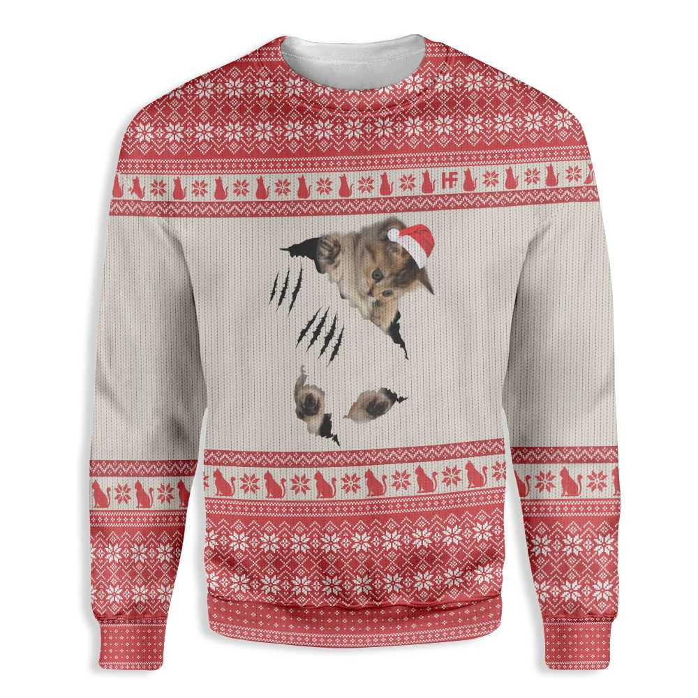 Cat Scratch Ugly Christmas Sweater Adult 3D Funny Matching for family