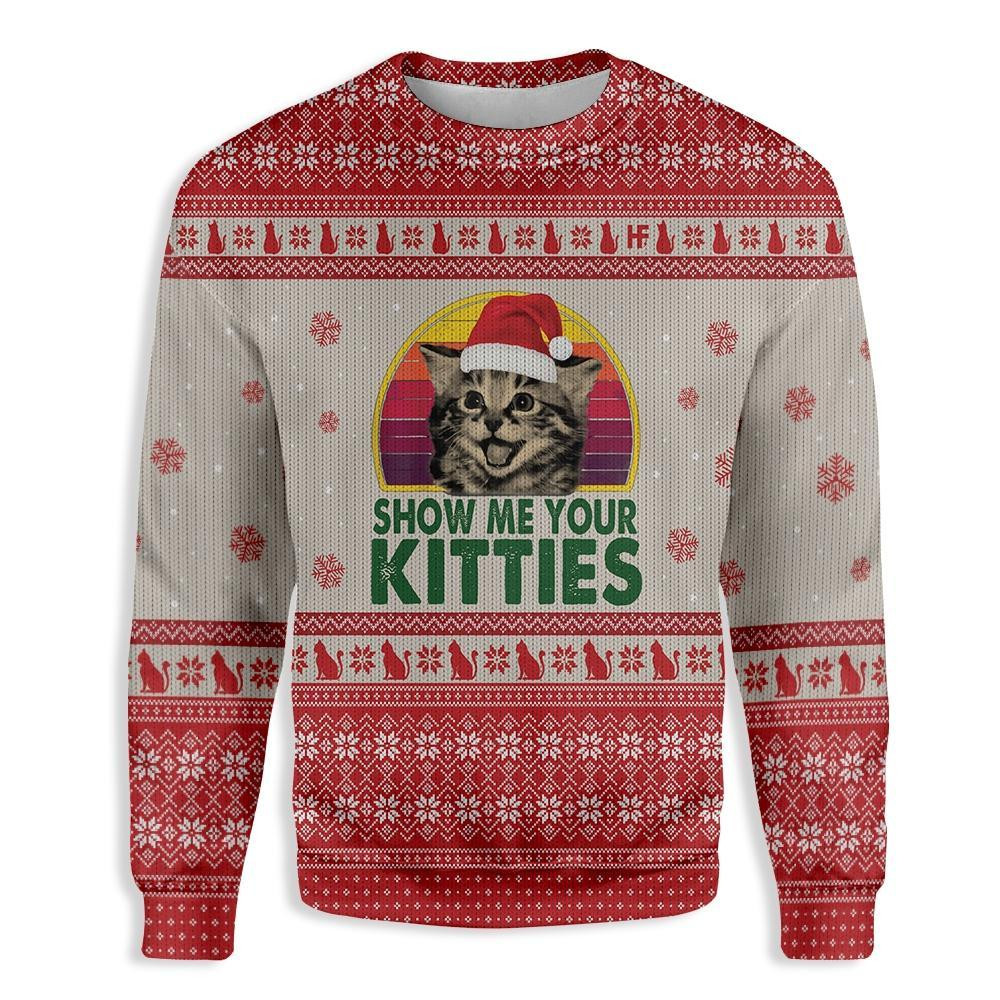 Cat Show Me Your Kitties Ugly Christmas Sweater Adult 3D Funny Matching for family