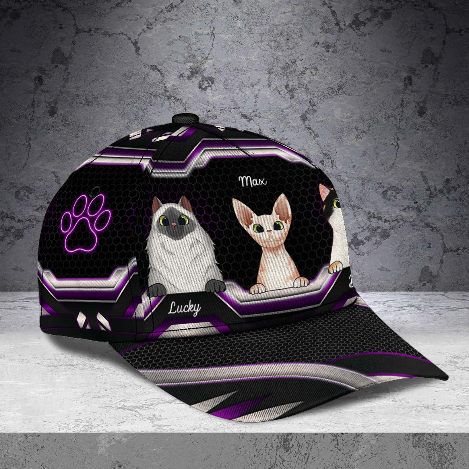 Cat Silver And Purple Pattern Personalized Classic Cap, Personalized Gift for Cat Lovers, Cat Mom, Cat Dad Trucker Hats Custom Hats Gifts For Men & Women