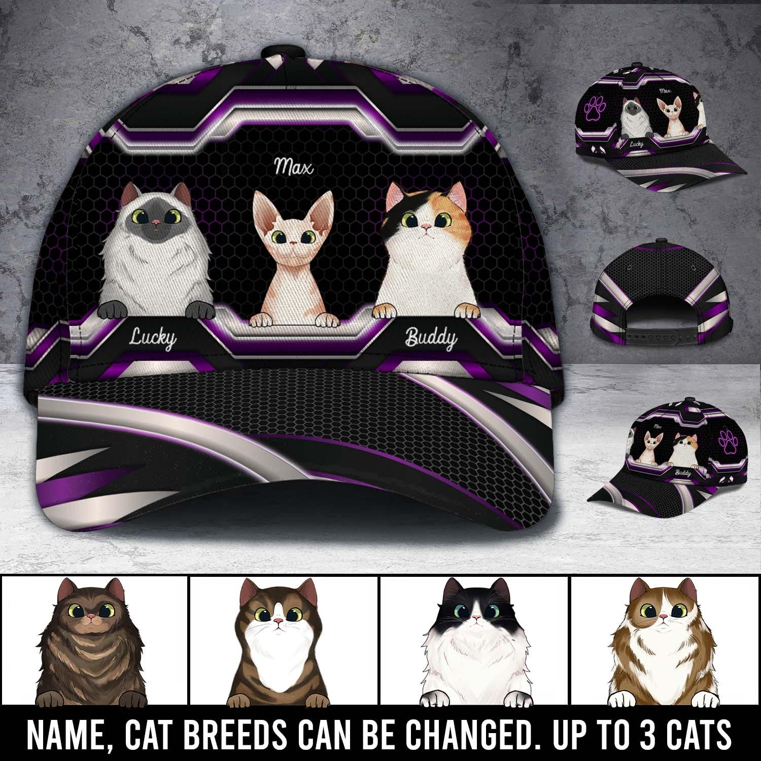 Cat Silver And Purple Pattern Personalized Classic Cap, Personalized Gift for Cat Lovers, Cat Mom, Cat Dad Trucker Hats Custom Hats Gifts For Men & Women