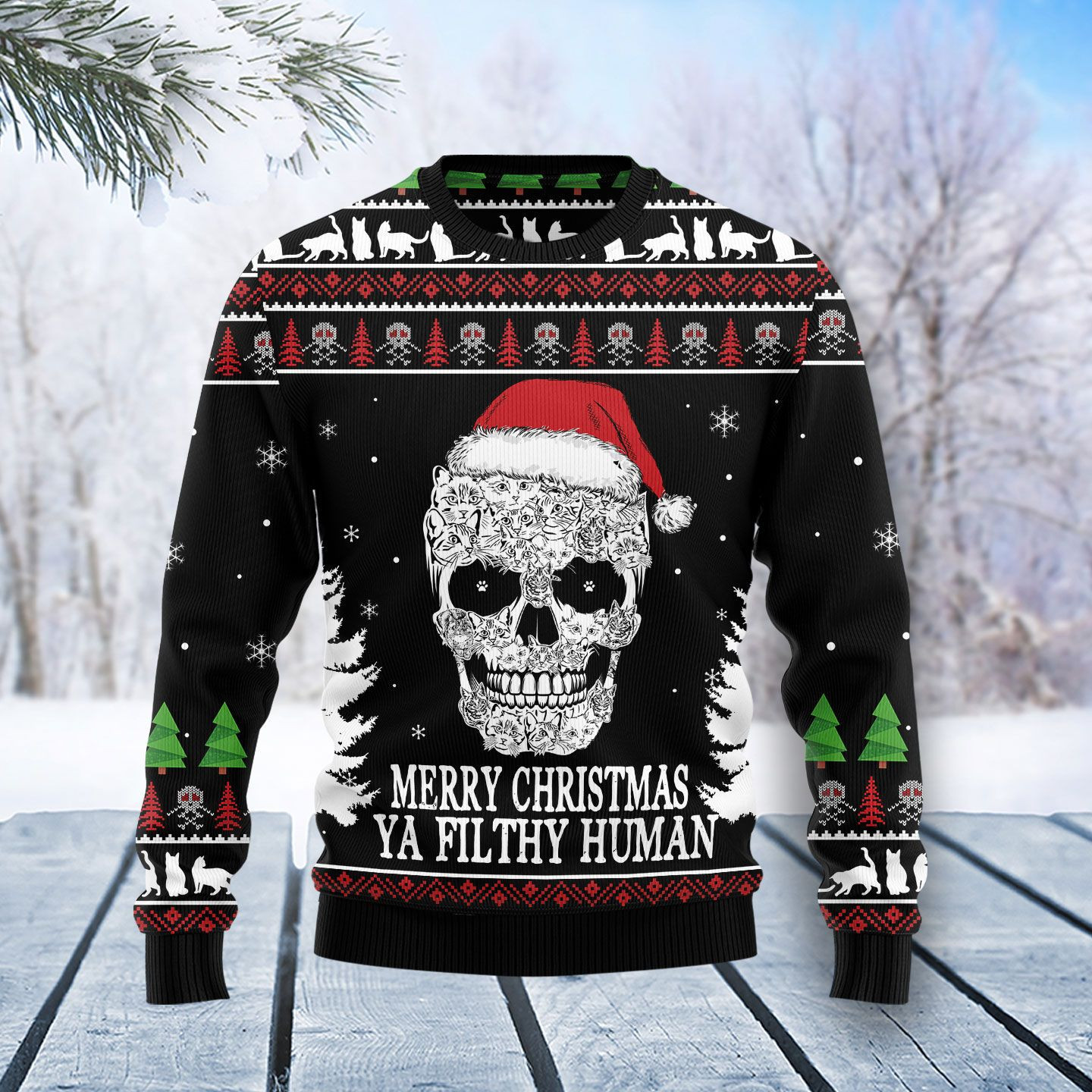 Cat Skull Santa Ugly Christmas Sweater Adult 3D Funny Matching for family
