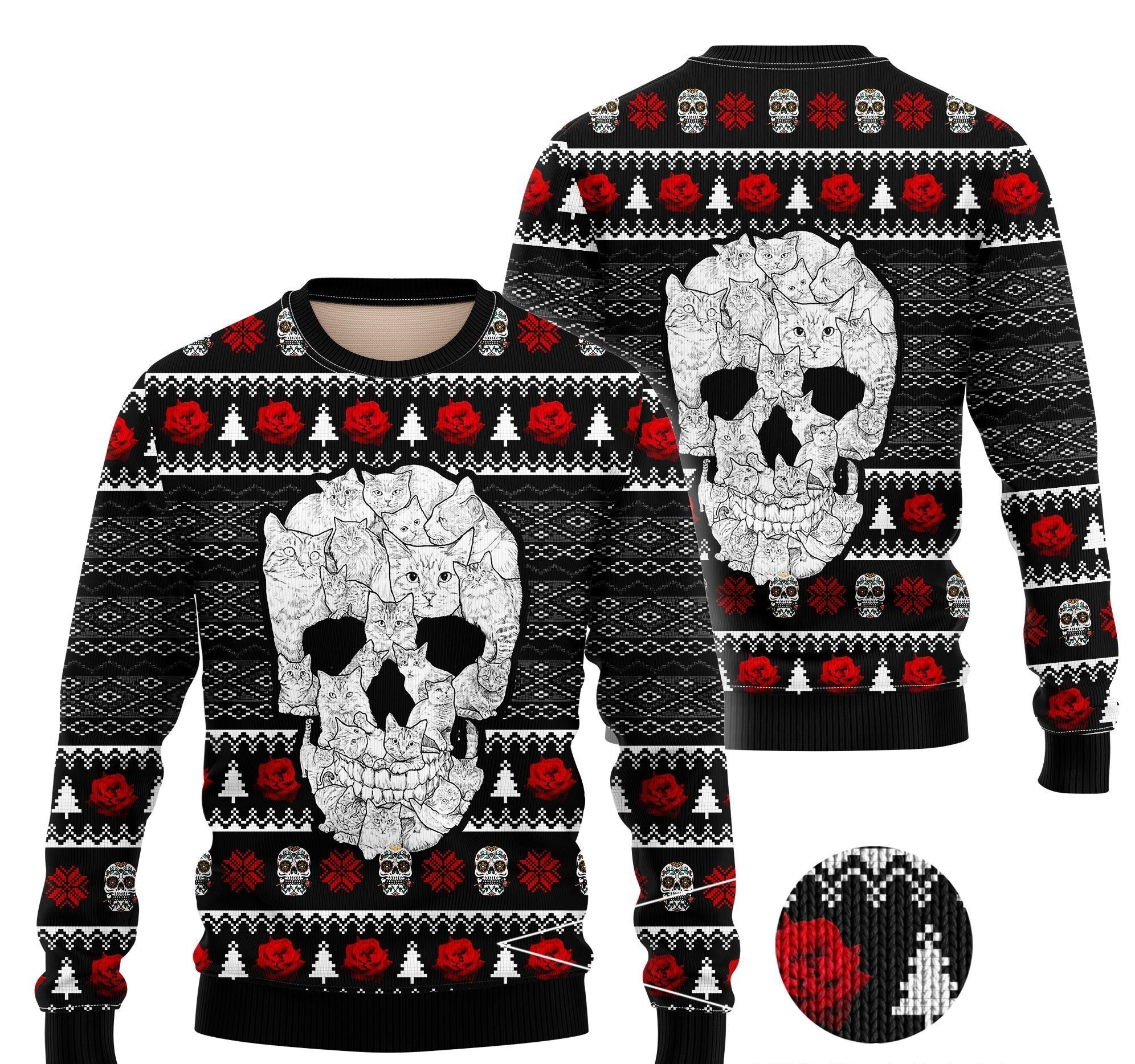 Cat Skull Ugly Christmas Sweater Adult 3D Funny Matching for family