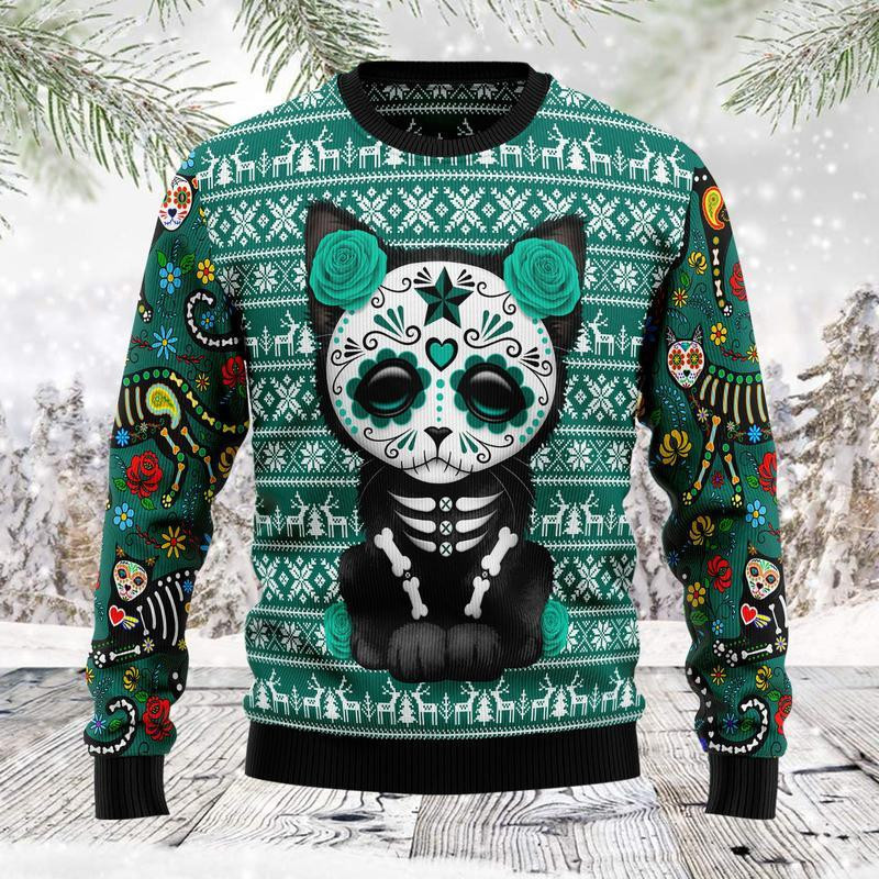 Cat Sugar Skull Ugly Christmas Sweater Adult 3D Funny Matching for family