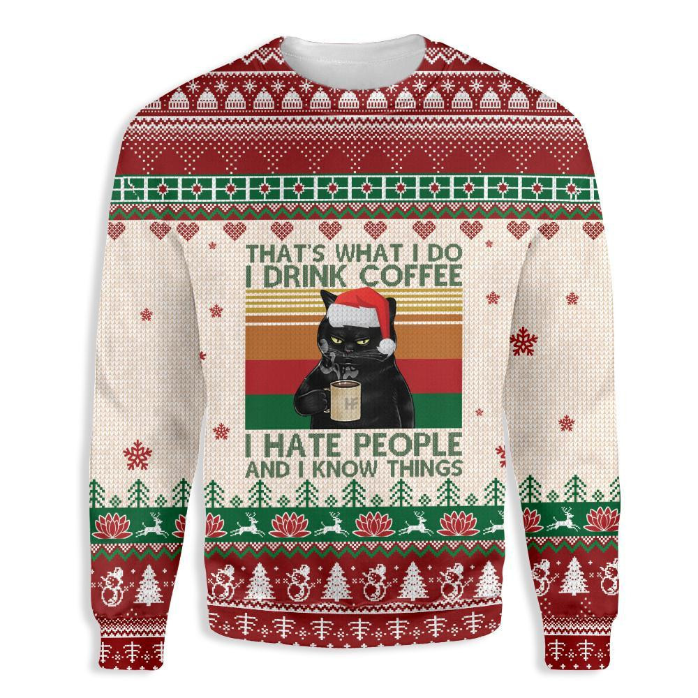 Cat ThatS What I Drink Coffee Ugly Christmas Sweater Adult 3D Funny Matching for family