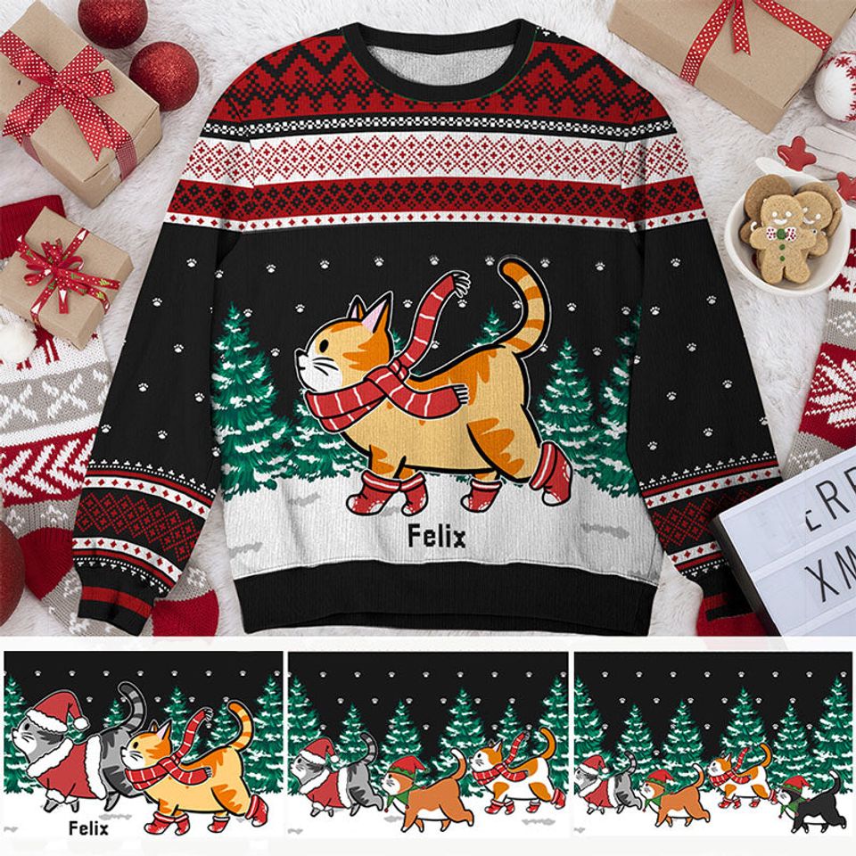 Cat Walking In Snow - Personalized All-Over-Print Sweatshirt - Christmas Gift For Cat Lovers, Pet Lovers