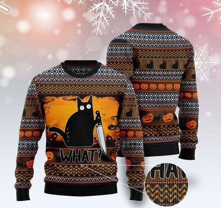 Cat What Murderous Black Cat With Knife Ugly Christmas Sweater Adult 3D Funny Matching for family