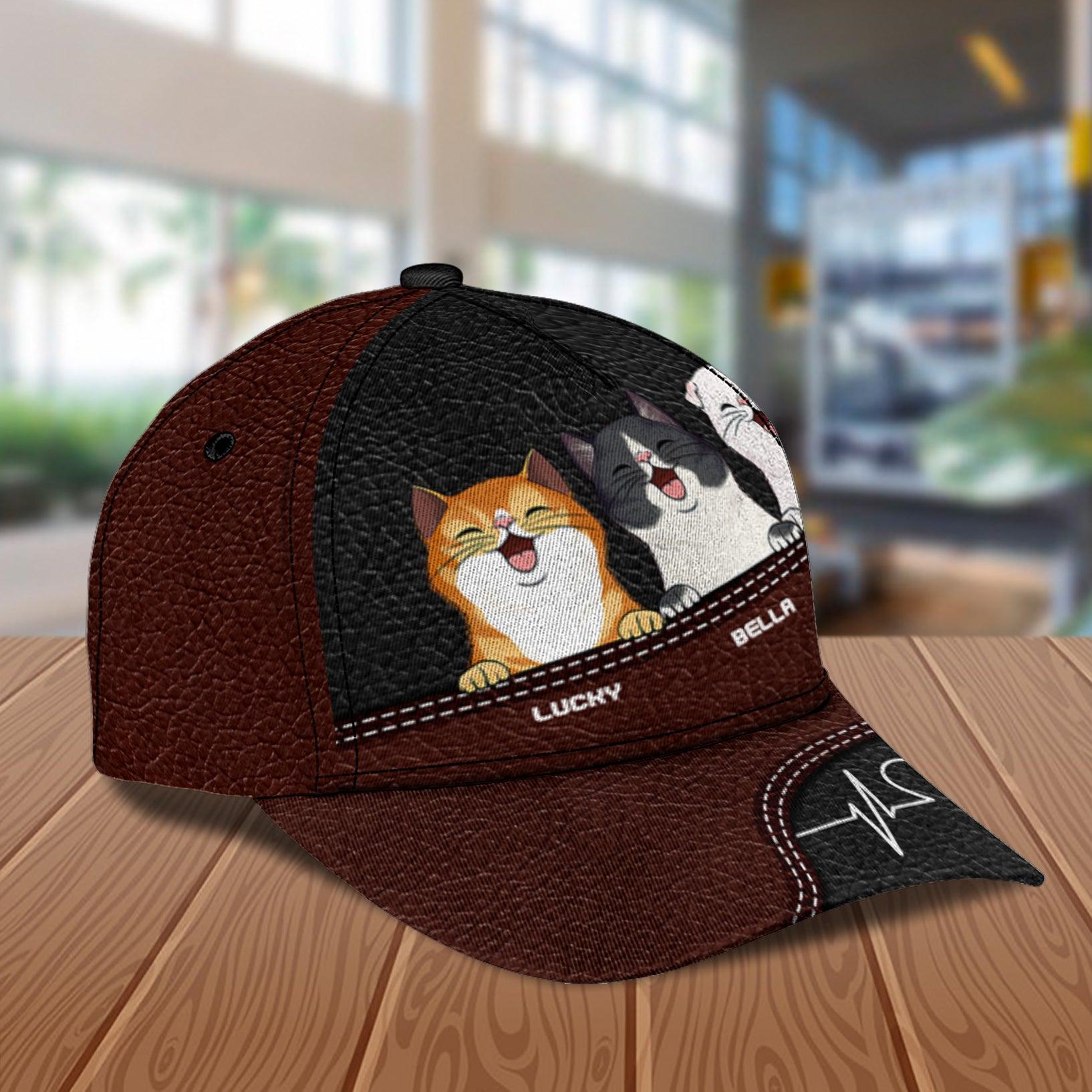 Cat White Heartbeat Personalized Classic Cap, Personalized Gift for Cat Lovers, Cat Mom, Cat Dad Trucker Hats Custom Hats Gifts For Men & Women