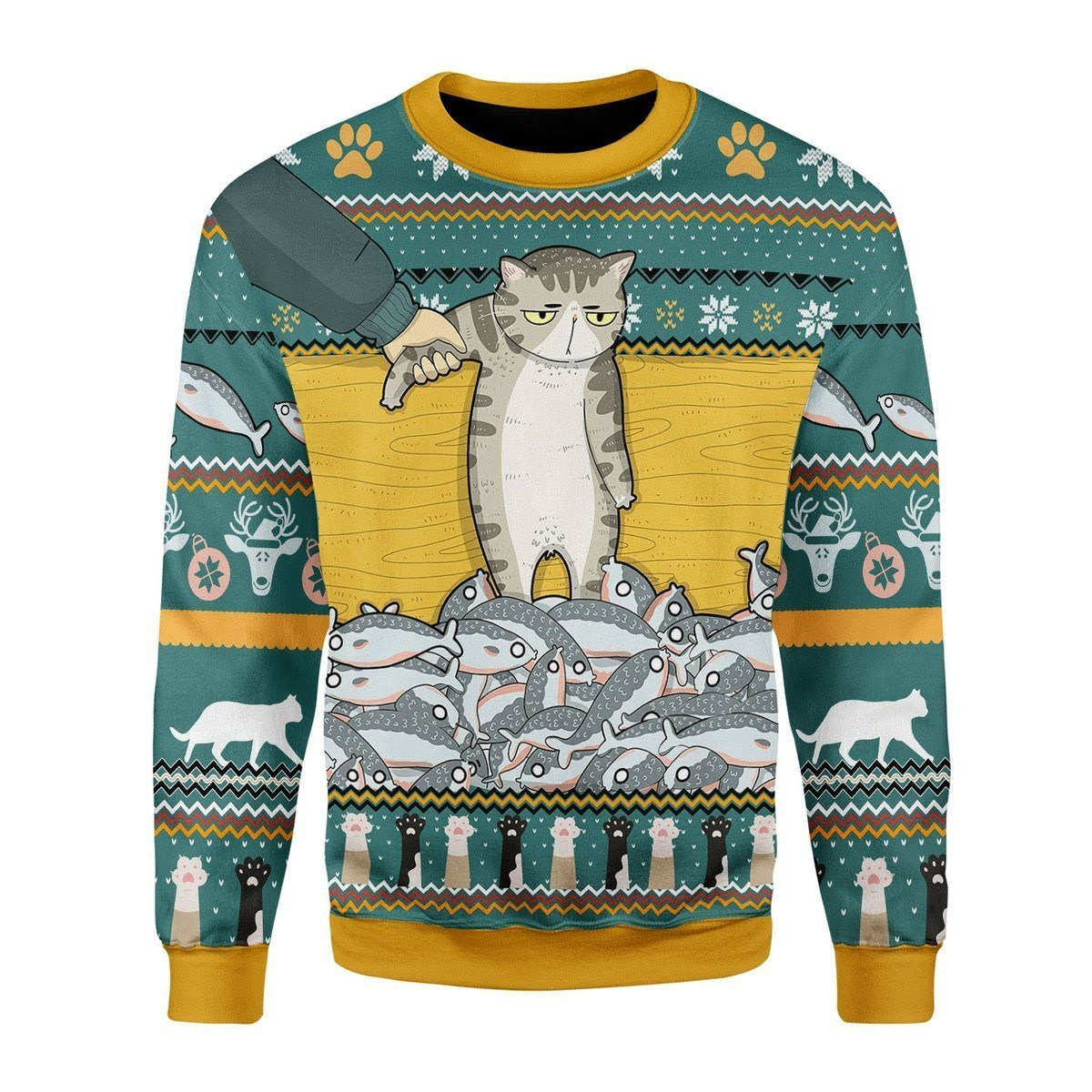 Cat With Fish Ugly Christmas Sweater Adult 3D Funny Matching for family