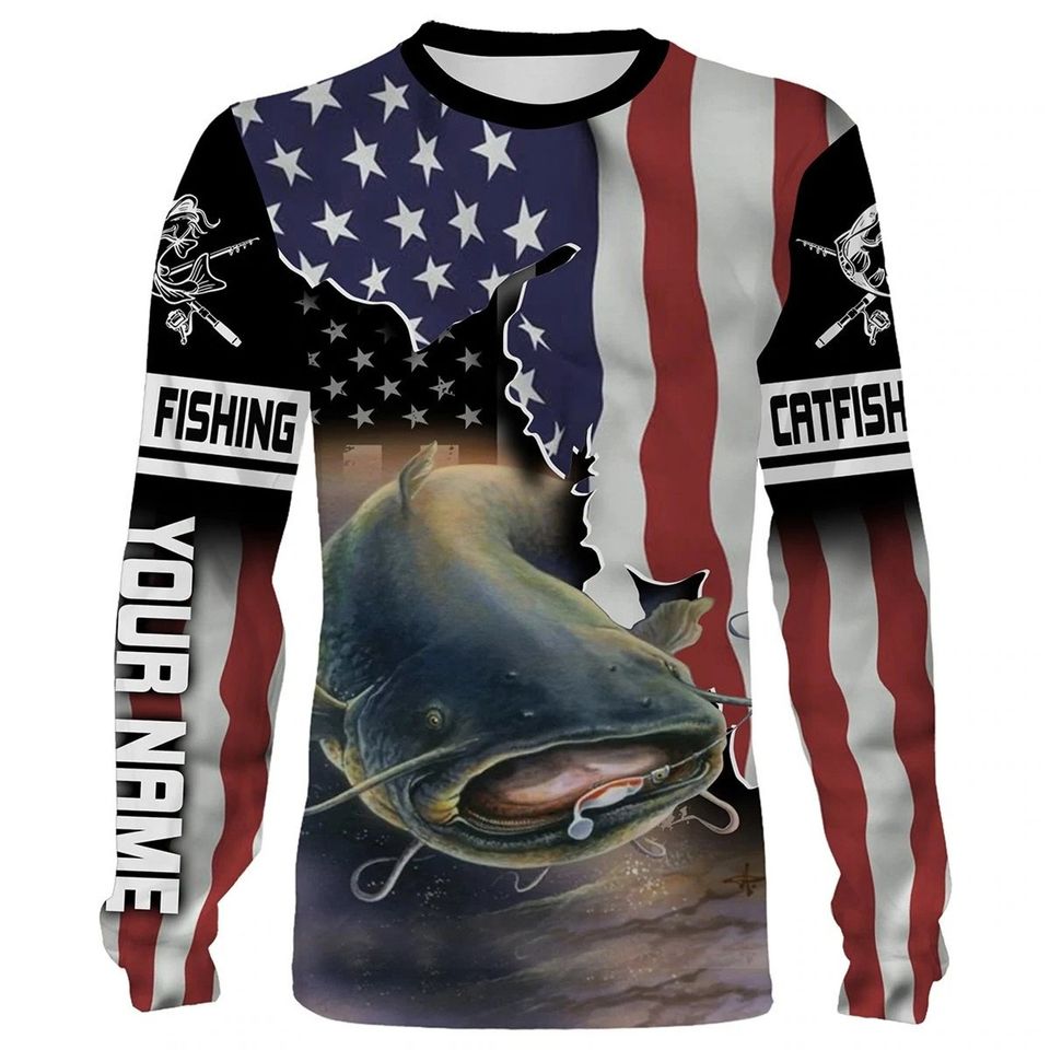 Catfish Fishing American Flag Custom Long Sleeve Fishing Sweatshirt
