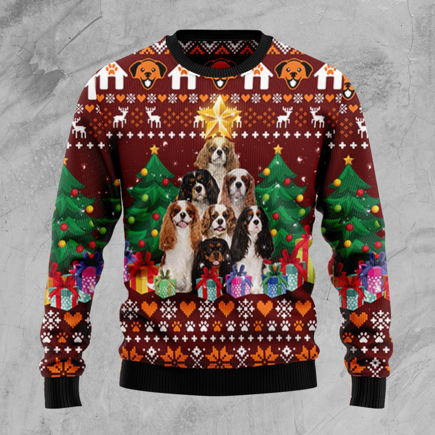 Cavalier King Charles Spaniel Pine Tree Ugly Christmas Sweater Adult 3D Funny Matching for family