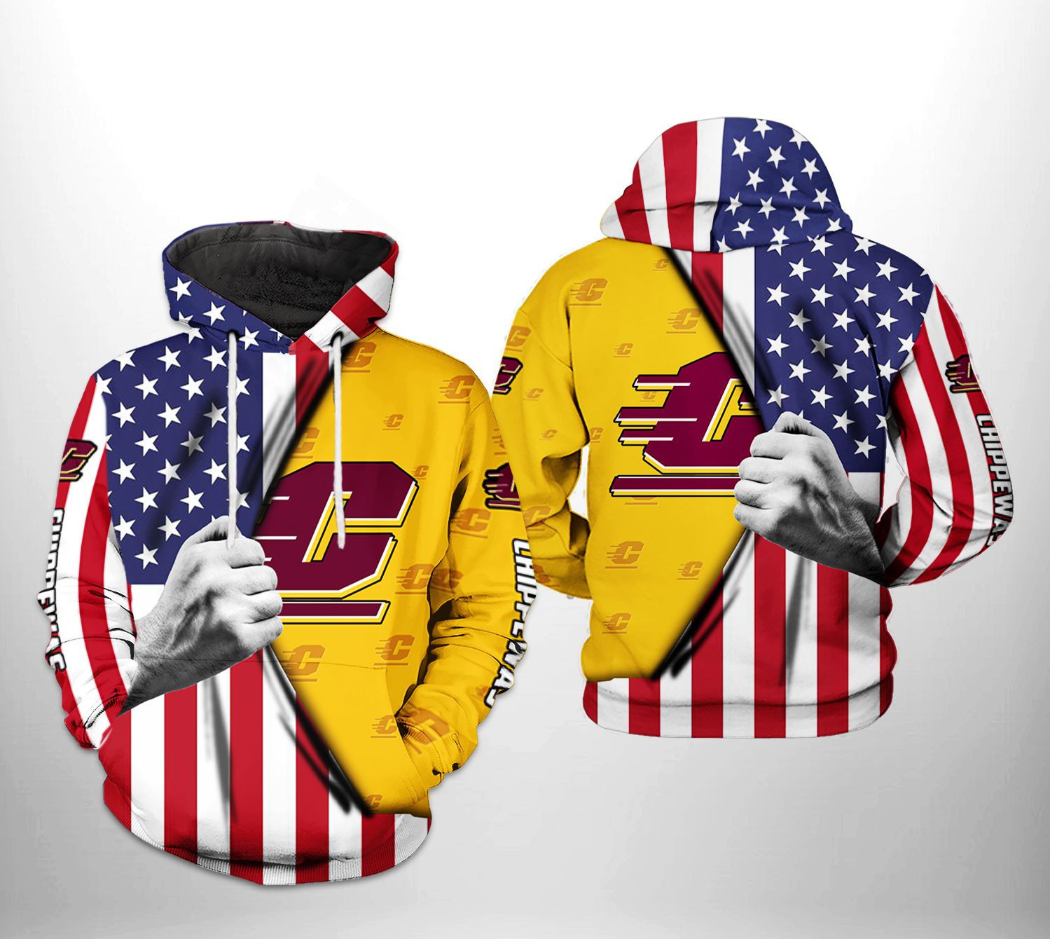 Central Michigan Chippewas NCAA US FLag 3D All Over Print Hoodie, Zip Hoodie