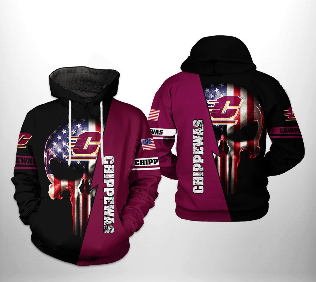 Central Michigan Chippewas NCAA US Flag Skull 3D All Over Print Hoodie, Zip Hoodie