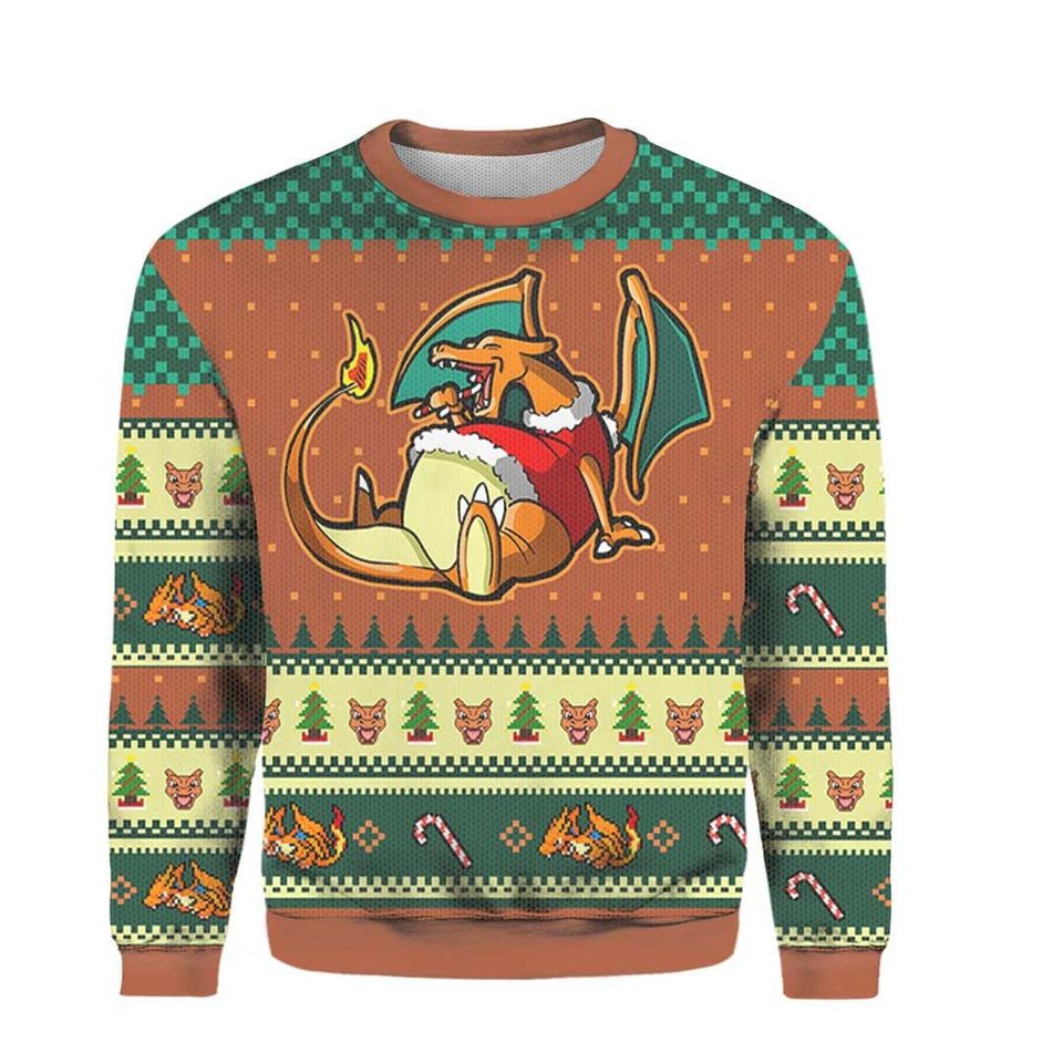 Charizard Eating Candy Cane Ugly Christmas Sweater, Charizard Ugly Sweater