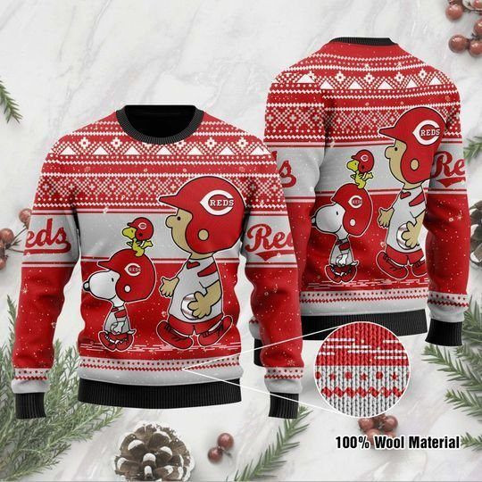 Charlie Brown And Snoopy Cincinnati Reds Ugly Christmas Sweater Adult 3D Funny Matching for family