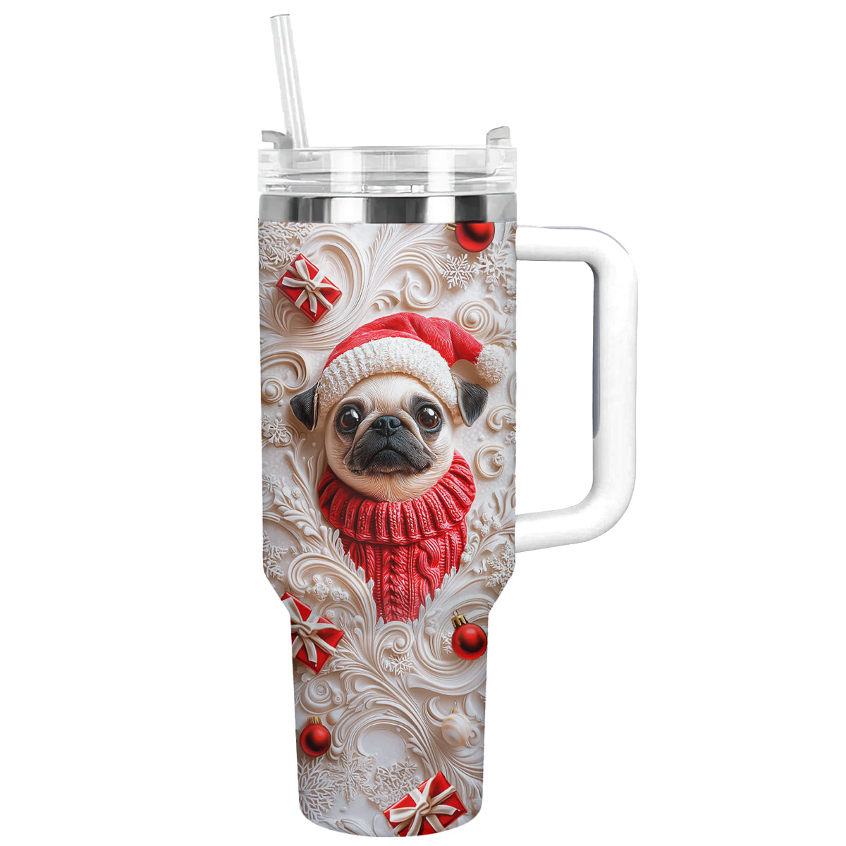 Cheerful Christmas Pug Custom Stanley Cup 40 oz 30 oz Tumbler With HandleTVC2301486
