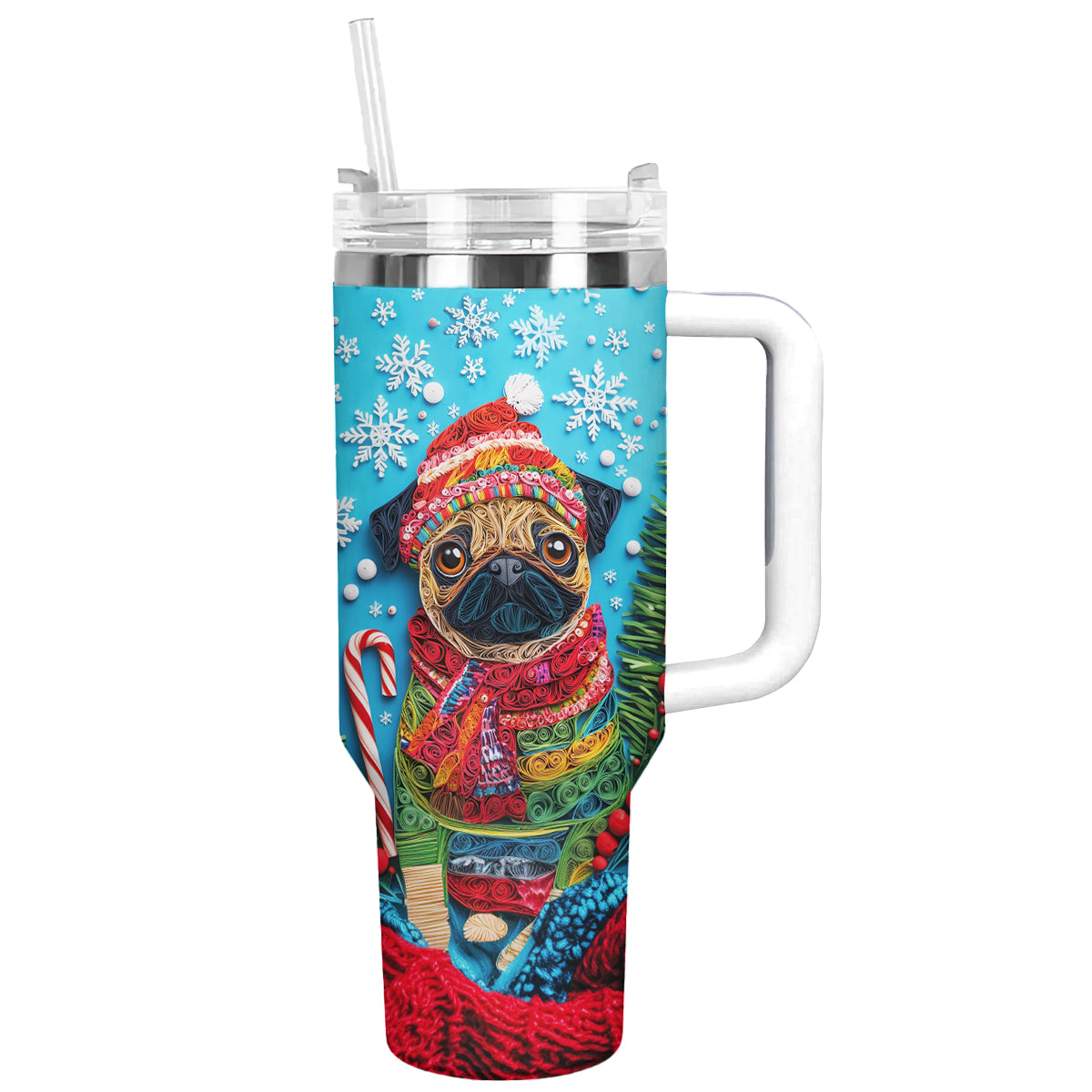 Cheerful Christmas Puggy Custom Stanley Cup 40 oz 30 oz Tumbler With HandleTVC2301485
