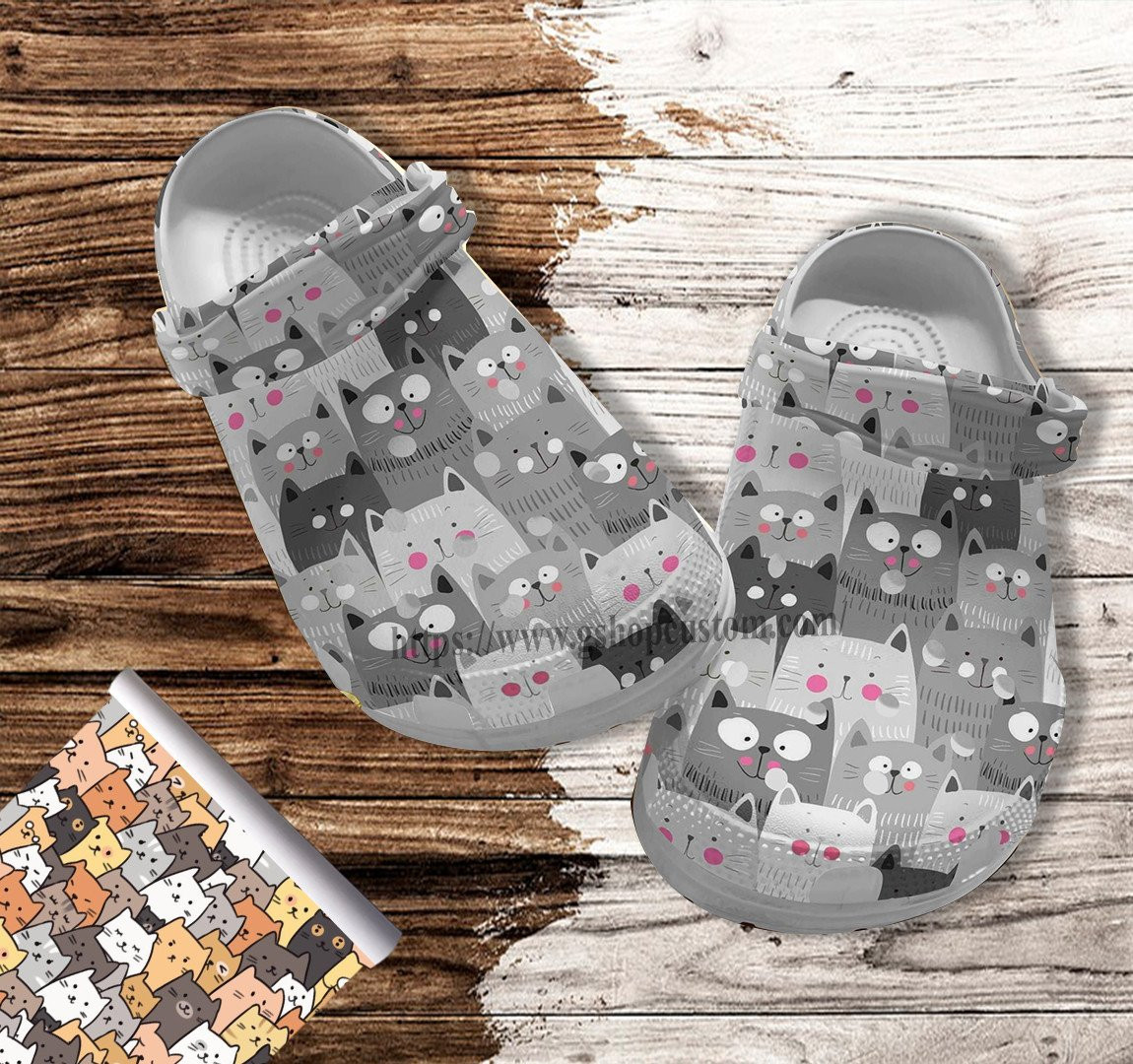 Chibi Cat Anime Cute Grey Croc Shoes Gift Bestie- Cat Anime Manga Lover Shoes Croc Clogs Gift Women