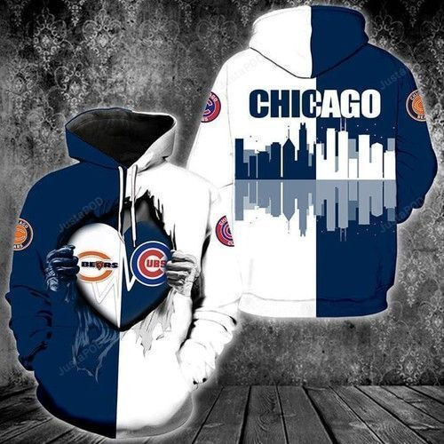 Chicago Bears And Chicago Cubs Heartbeat Love Ripped 3D All Over Print Hoodie, Zip Hoodie