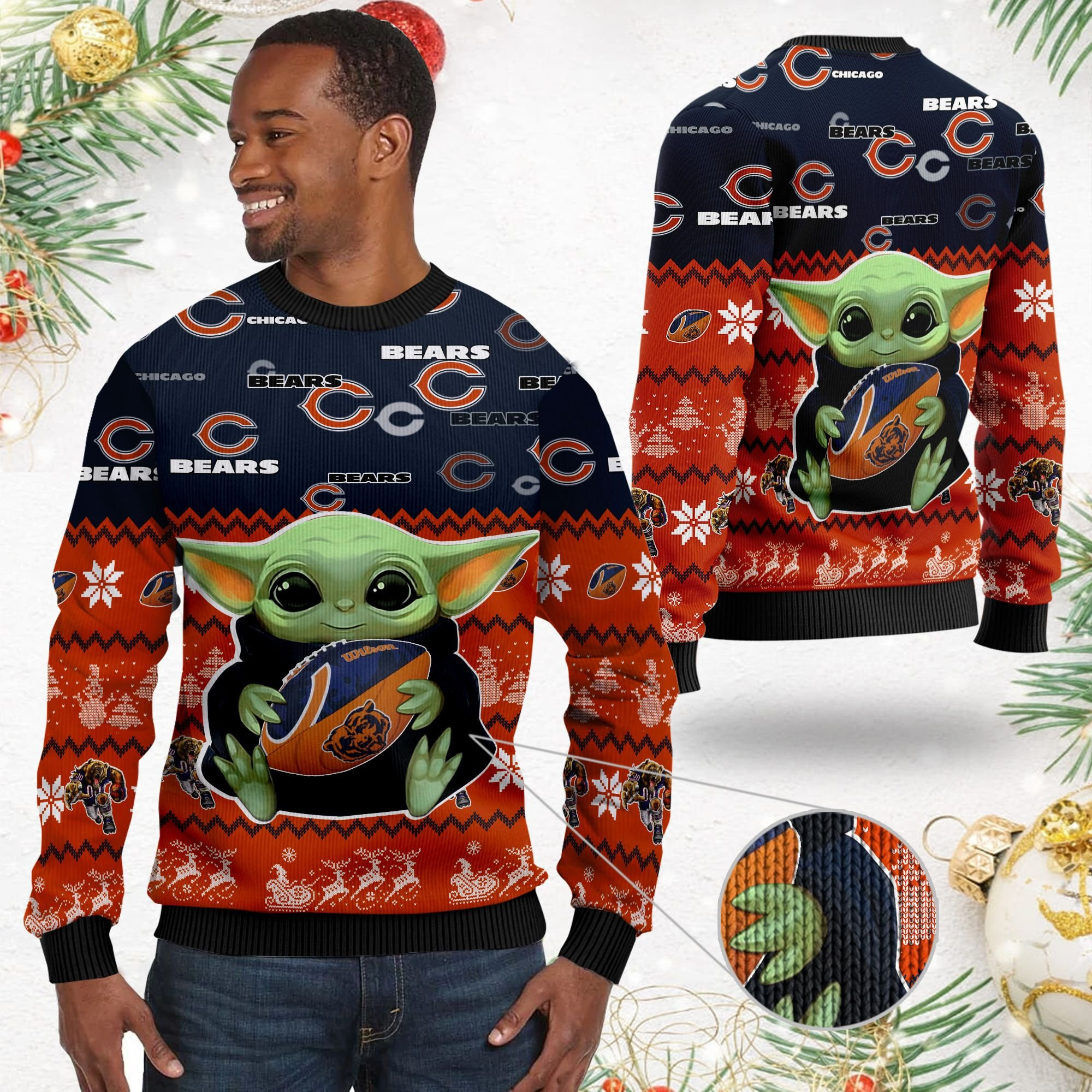 Chicago Bears Baby Yoda Shirt For American Football Fans Ugly Christmas Sweater Adult 3D Funny Matching for family - Image 2