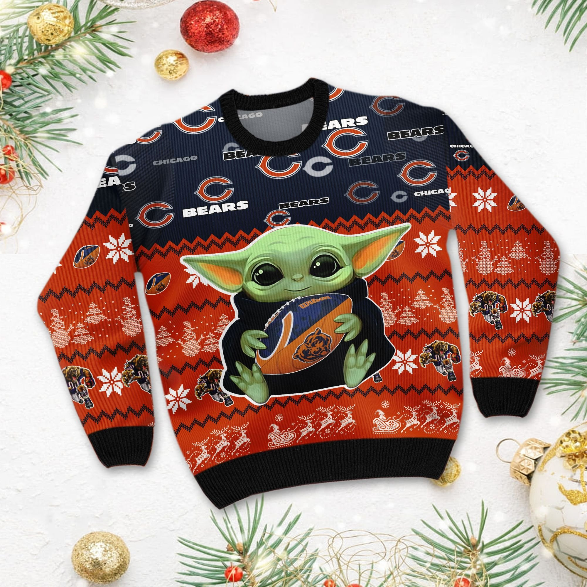 Chicago Bears Baby Yoda Shirt For American Football Fans Ugly Christmas Sweater Adult 3D Funny Matching for family - Image 3