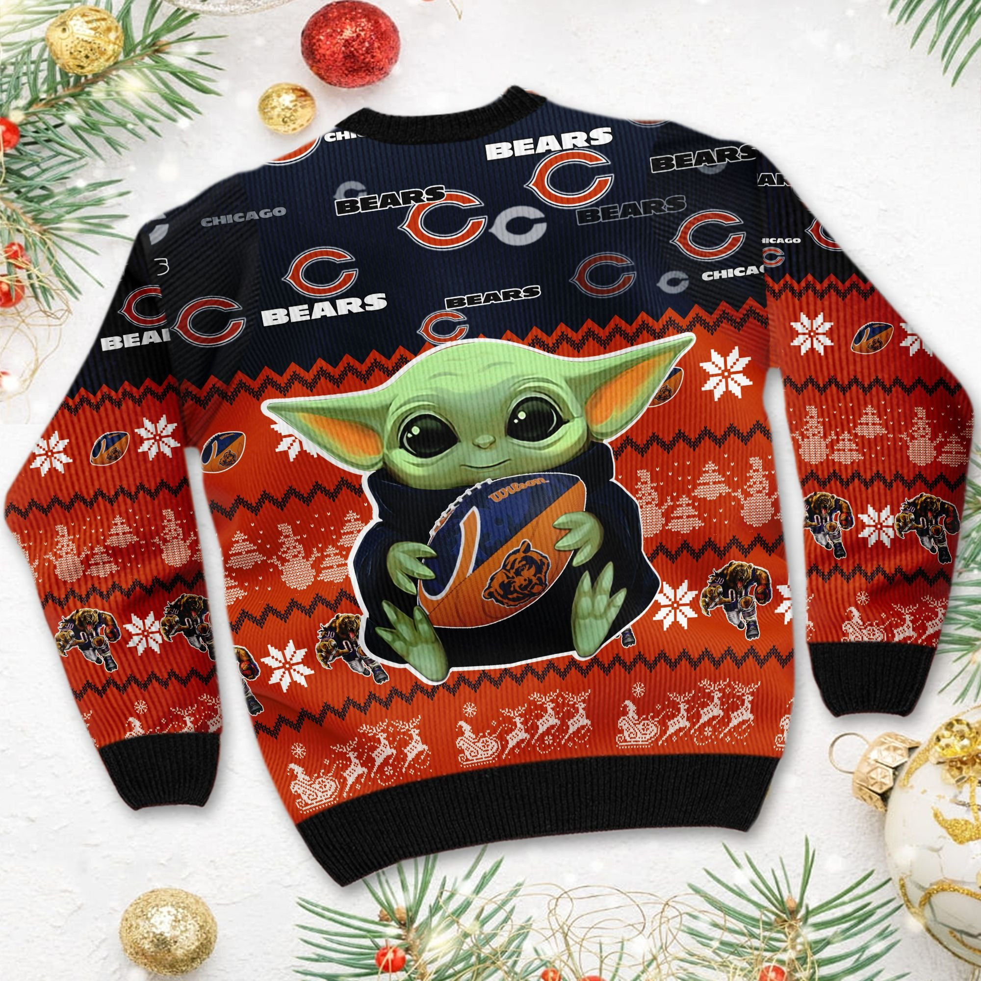 Chicago Bears Baby Yoda Shirt For American Football Fans Ugly Christmas Sweater Adult 3D Funny Matching for family - Image 4