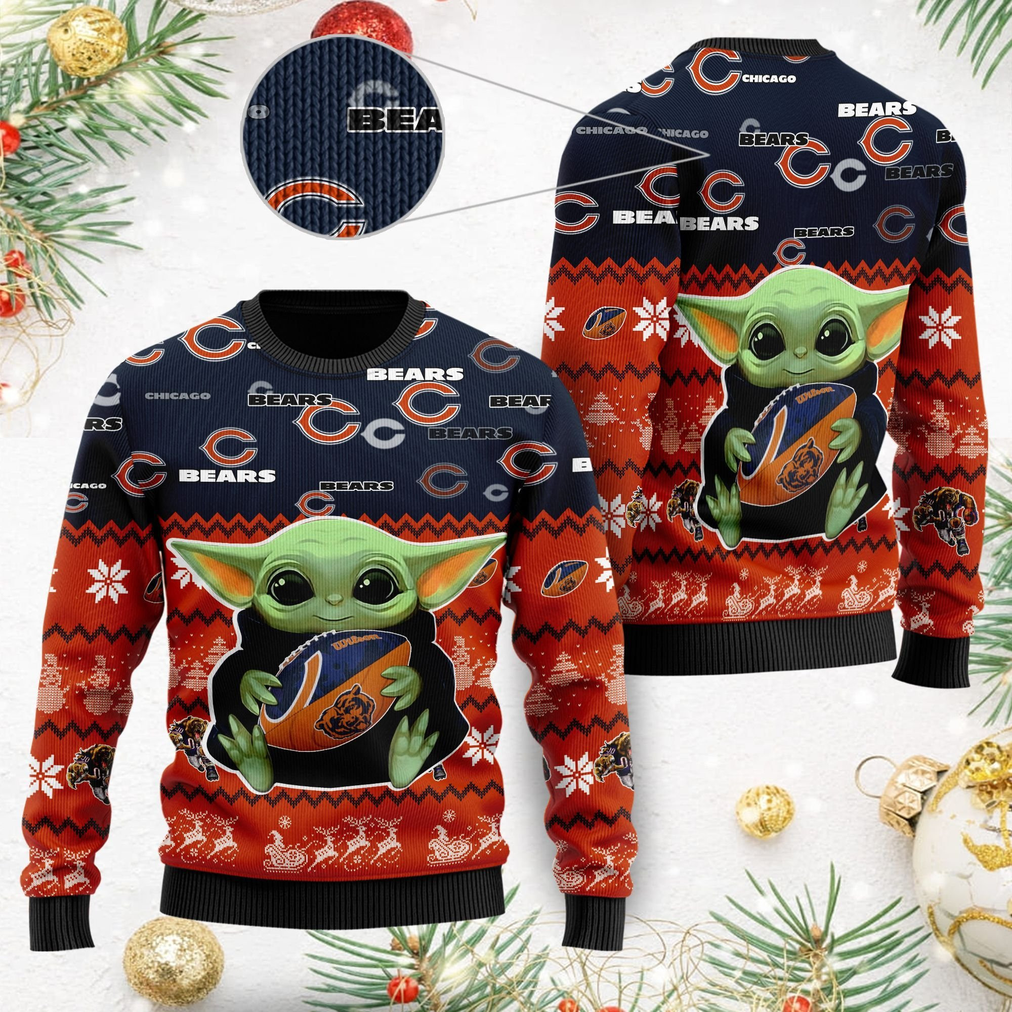 Chicago Bears Baby Yoda Ugly Christmas Sweater Adult 3D Funny Matching for family