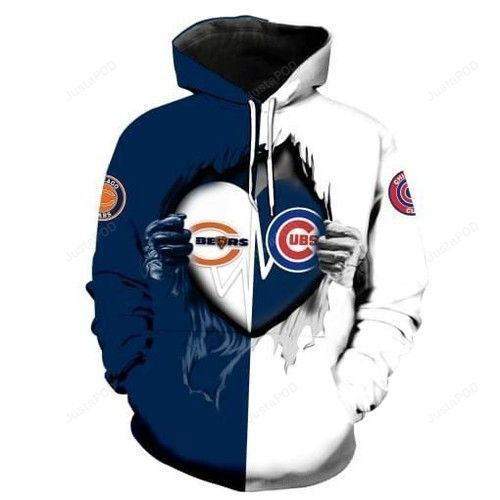 Chicago Bears Chicago Cubs Heartbeat Love Ripped 3D All Over Print Hoodie, Zip Hoodie