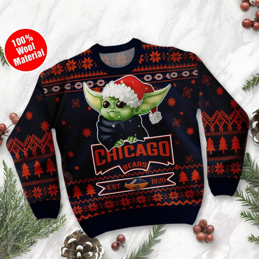 Chicago Bears Cute Baby Yoda Grogu Holiday Party Ugly Christmas Sweater Adult 3D Funny Matching for family
