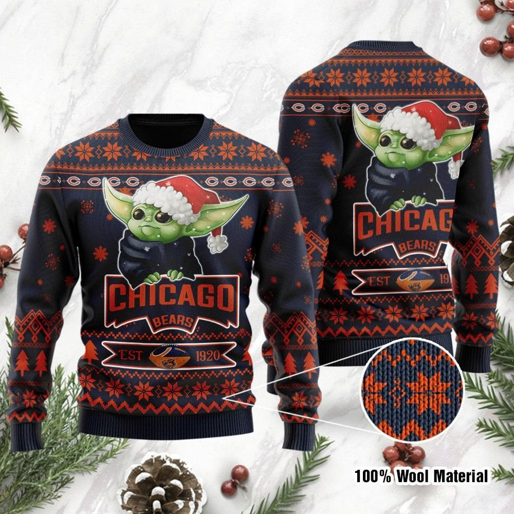 Chicago Bears Cute Baby Yoda Grogu Ugly Christmas Sweater Adult 3D Funny Matching for family