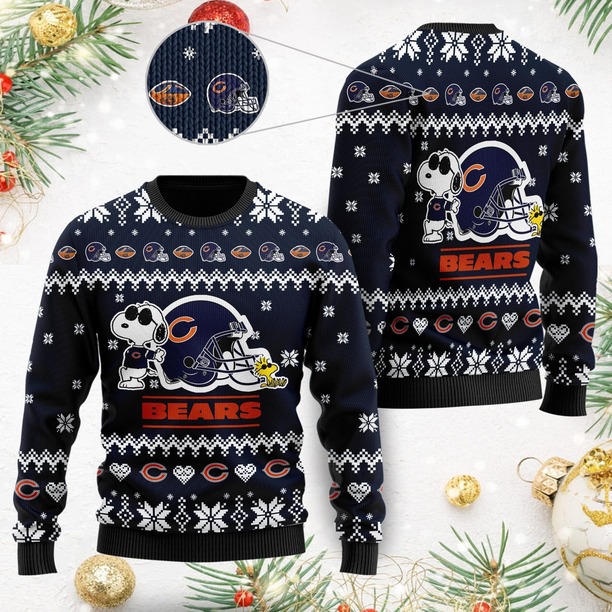 Chicago Bears Cute The Snoopy Show Football Helmet 3D Ugly Christmas Sweater Adult 3D Funny Matching for family