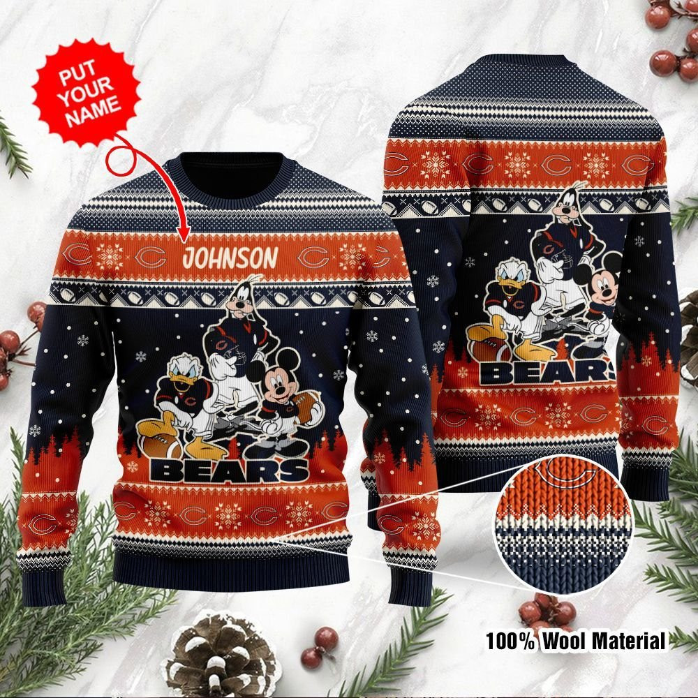 Chicago Bears Disney Donald Duck Mickey Mouse Goofy Personalized Ugly Christmas Sweater Adult 3D Funny Matching for family