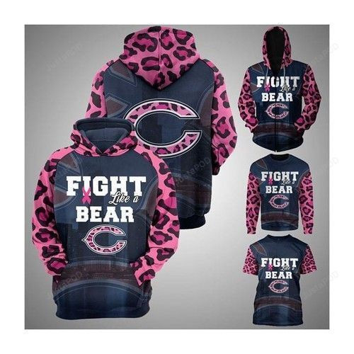 Chicago Bears Fight Like A Bear Pink Leopard Pattern Slevees Br East Cancer 3D All Over Print Hoodie, Zip Hoodie