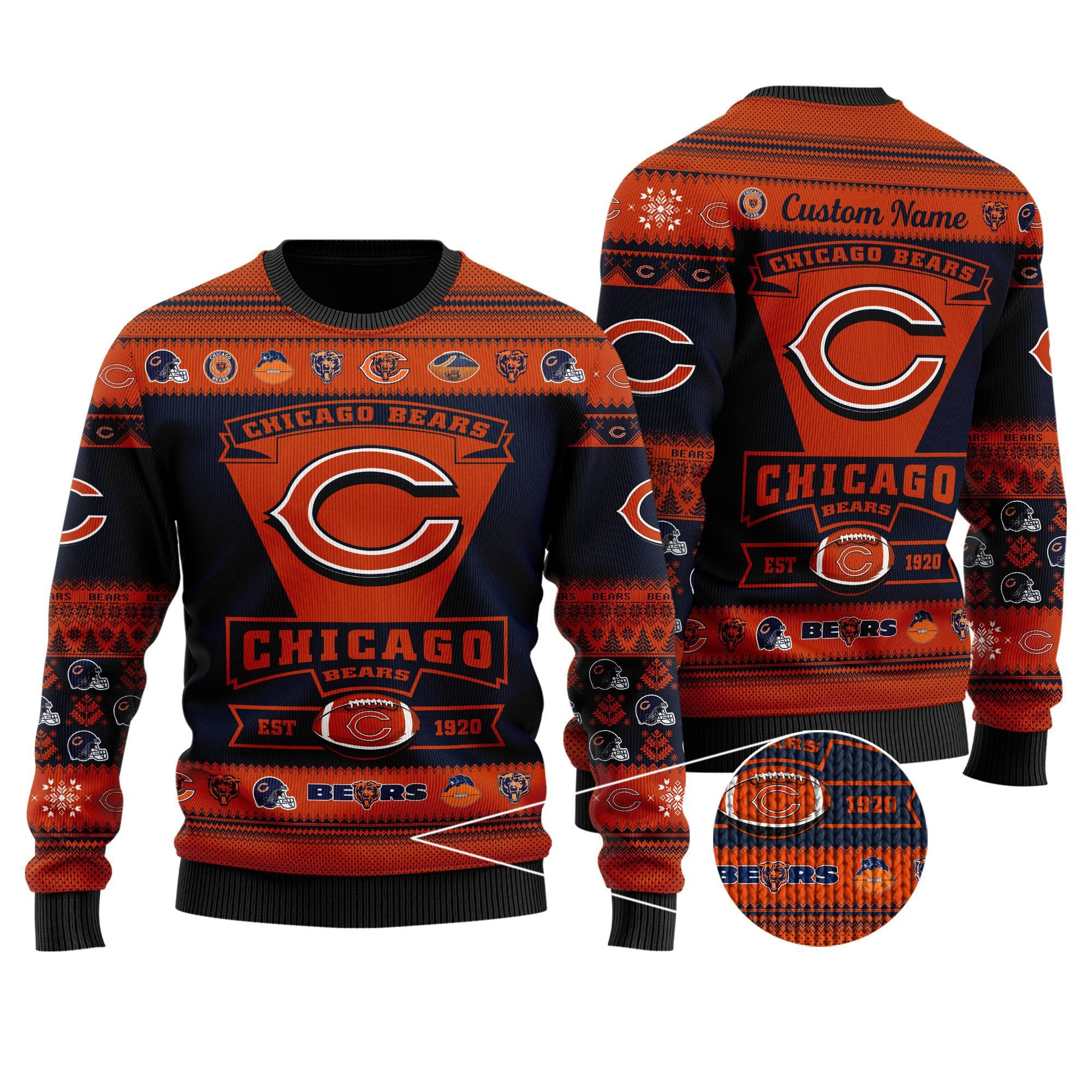 Chicago Bears Football Team Logo Custom Name Personalized Ugly Christmas Sweater Adult 3D Funny Matching for family - Image 2