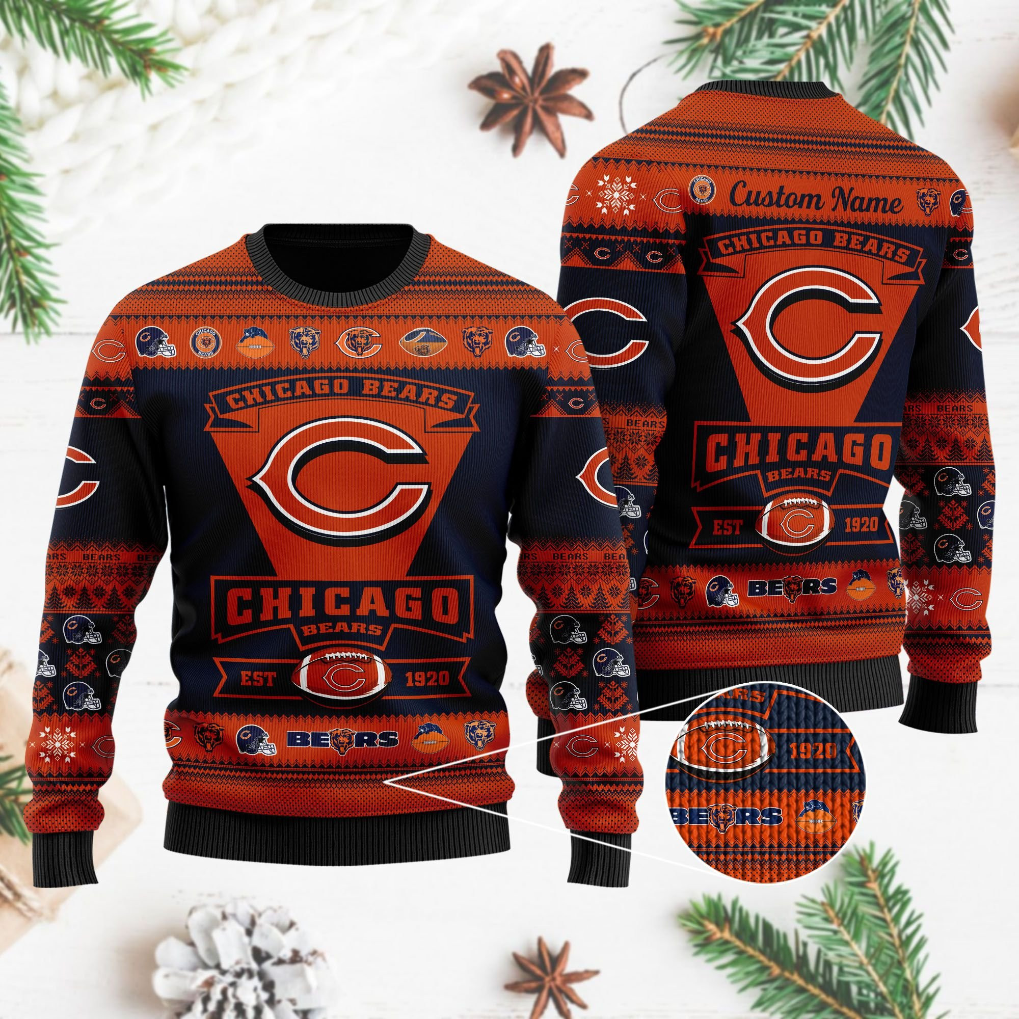 Chicago Bears Football Team Logo Custom Name Personalized Ugly Christmas Sweater Adult 3D Funny Matching for family