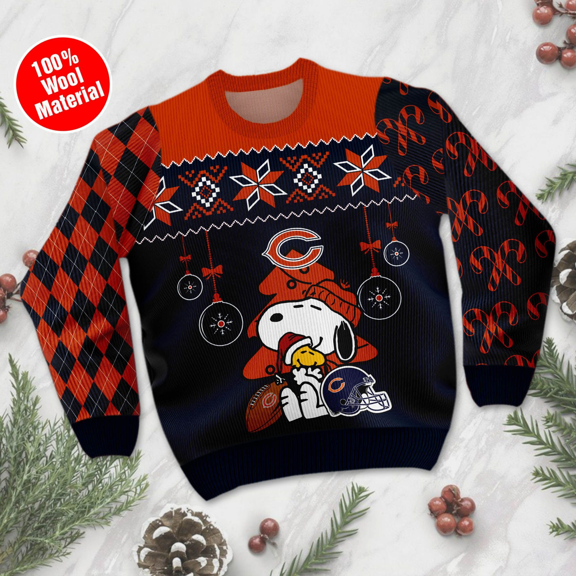 Chicago Bears Funny Charlie Brown Peanuts Snoopy Ugly Christmas Sweater Adult 3D Funny Matching for family - Image 2