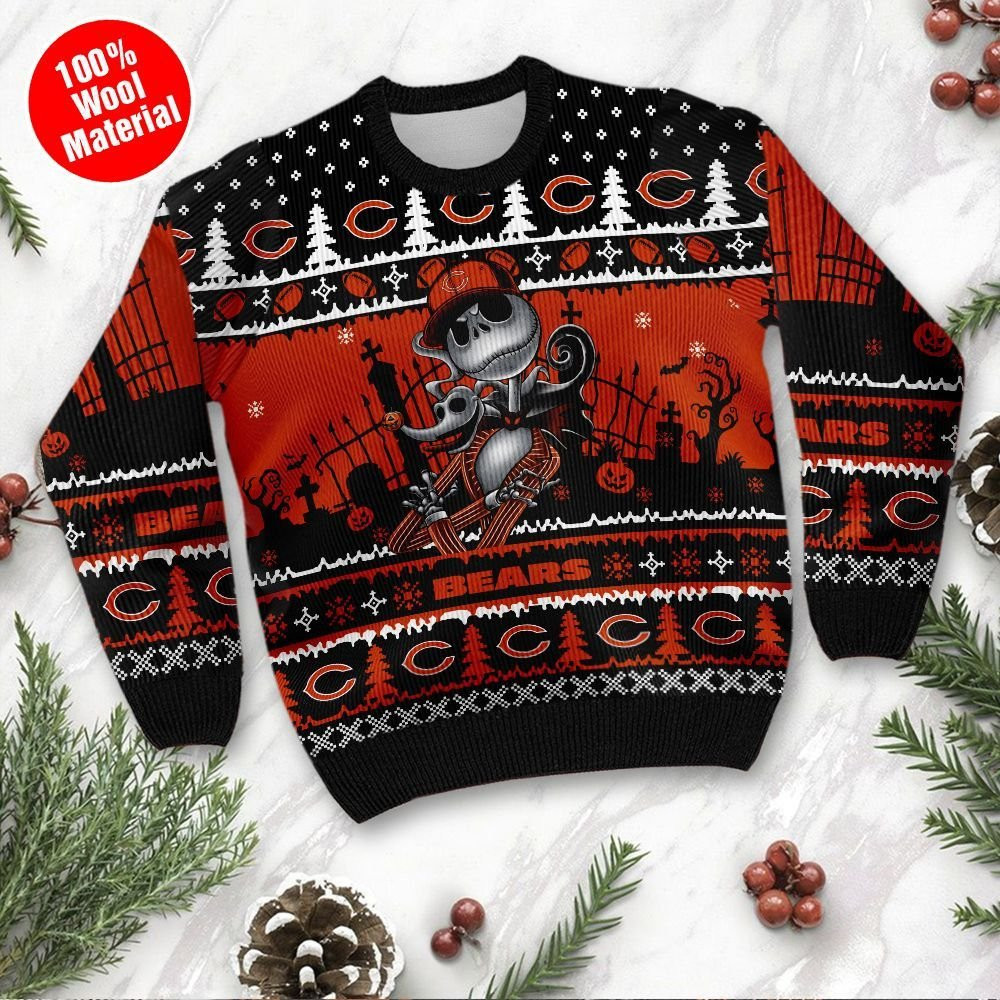 Chicago Bears Jack Skellington Halloween Holiday Party Ugly Christmas Sweater Adult 3D Funny Matching for family - Image 2