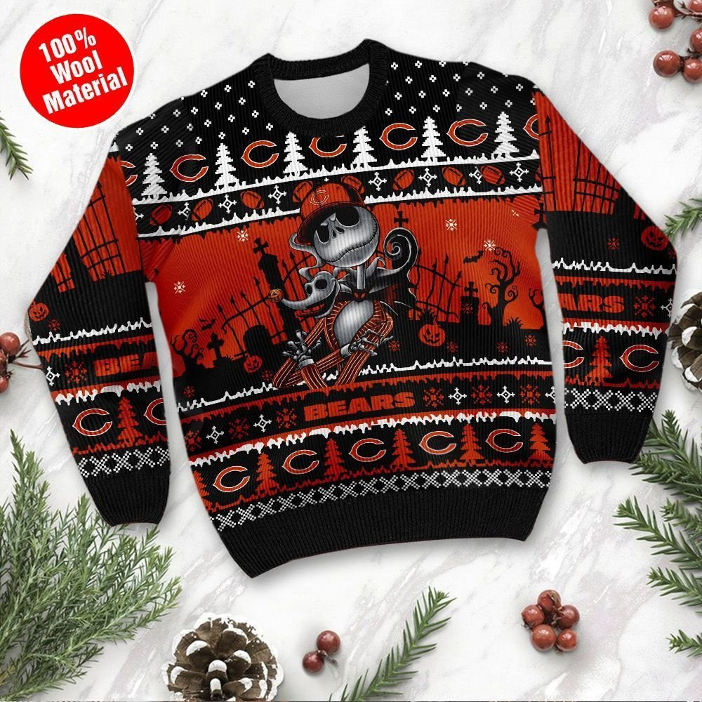 Chicago Bears Jack Skellington Halloween Ugly Christmas Sweater Adult 3D Funny Matching for family - Image 2
