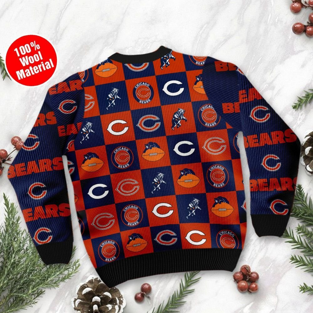 Chicago Bears Logo Checkered Flannel Design Ugly Christmas Sweater Adult 3D Funny Matching for family - Image 3