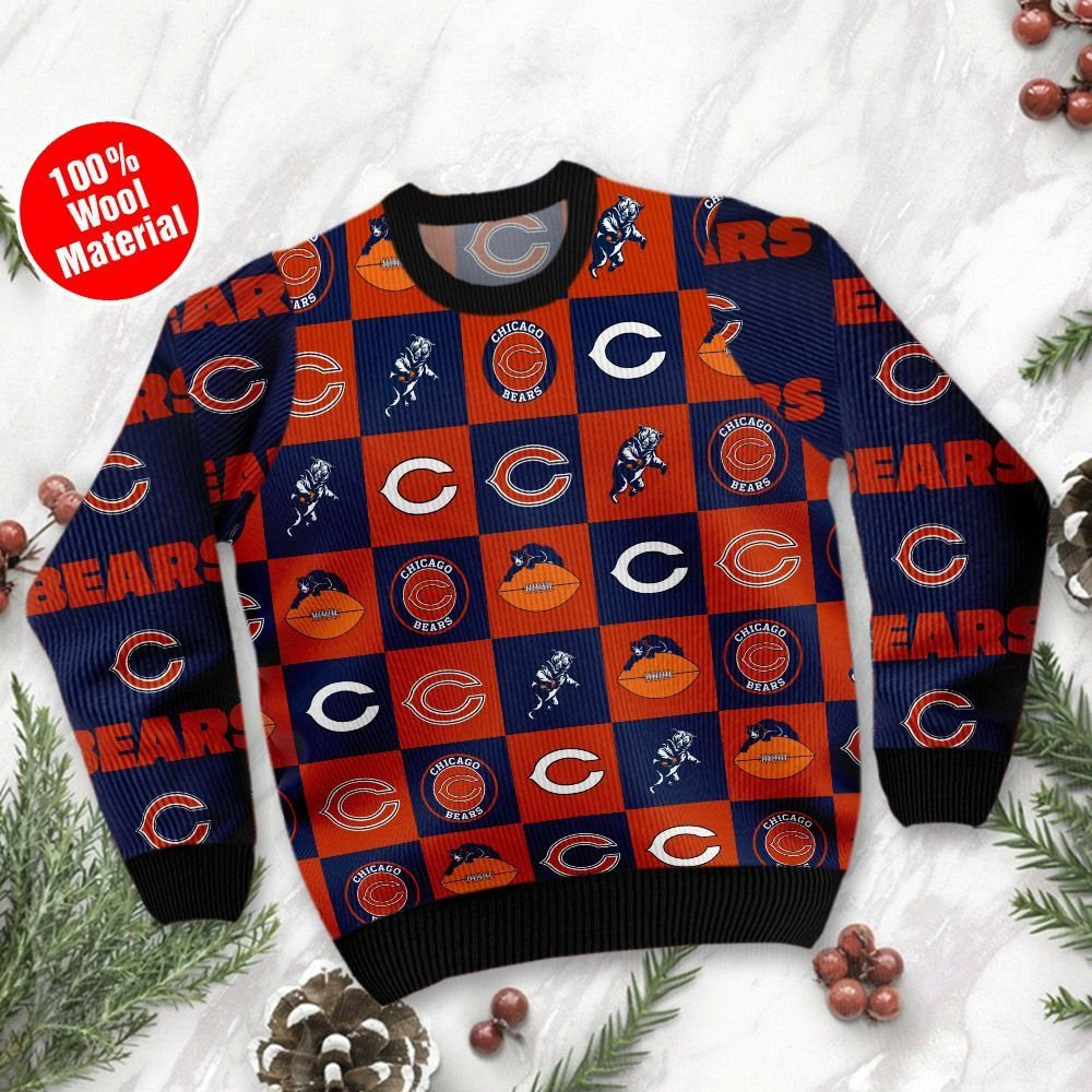 Chicago Bears Logo Checkered Flannel Design Ugly Christmas Sweater Adult 3D Funny Matching for family - Image 2