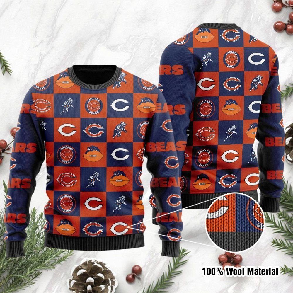 Chicago Bears Logo Checkered Flannel Design Ugly Christmas Sweater Adult 3D Funny Matching for family