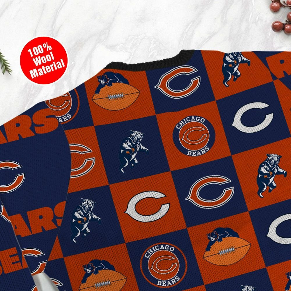 Chicago Bears Logo Checkered Flannel Ugly Christmas Sweater Adult 3D Funny Matching for family - Image 5