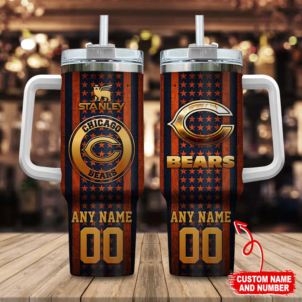 Chicago Bears NFL Golden Logos US Flag Custom Stanley Cup 40 oz 30 oz Tumbler With HandleTVC230180