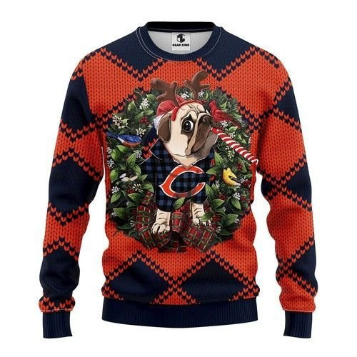 Chicago Bears Pug Dog Ugly Christmas Sweater Adult 3D Funny Matching for family