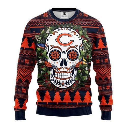 Chicago Bears Skull Flower Ugly Christmas Sweater Adult 3D Funny Matching for family